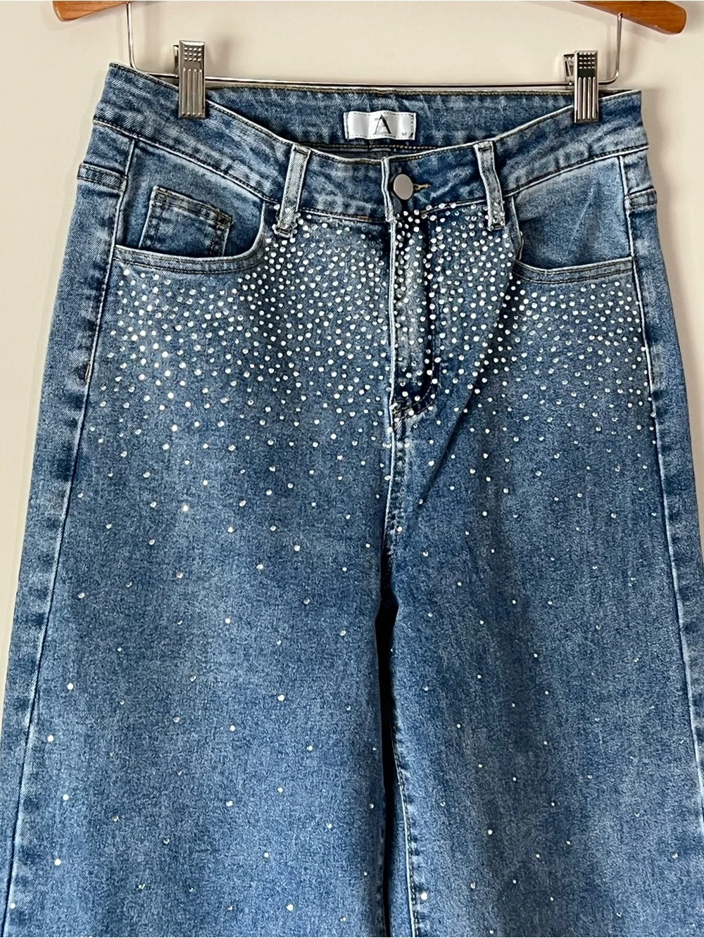 High-Rise Wide Leg Embellished Denim Jeans - Blue - Picture 4 of 9